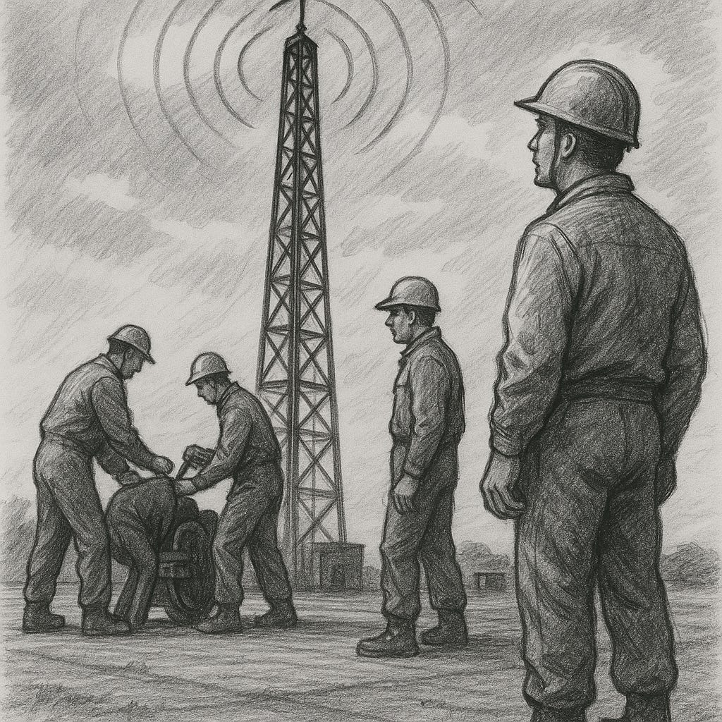 A pencil drawing of several workers in hard hats on a flat platform, gathered around equipment at the base of a tall transmission tower. One worker observes from a distance while others bend down and adjust something. The tower rises vertically with concentric signal waves radiating from its top.