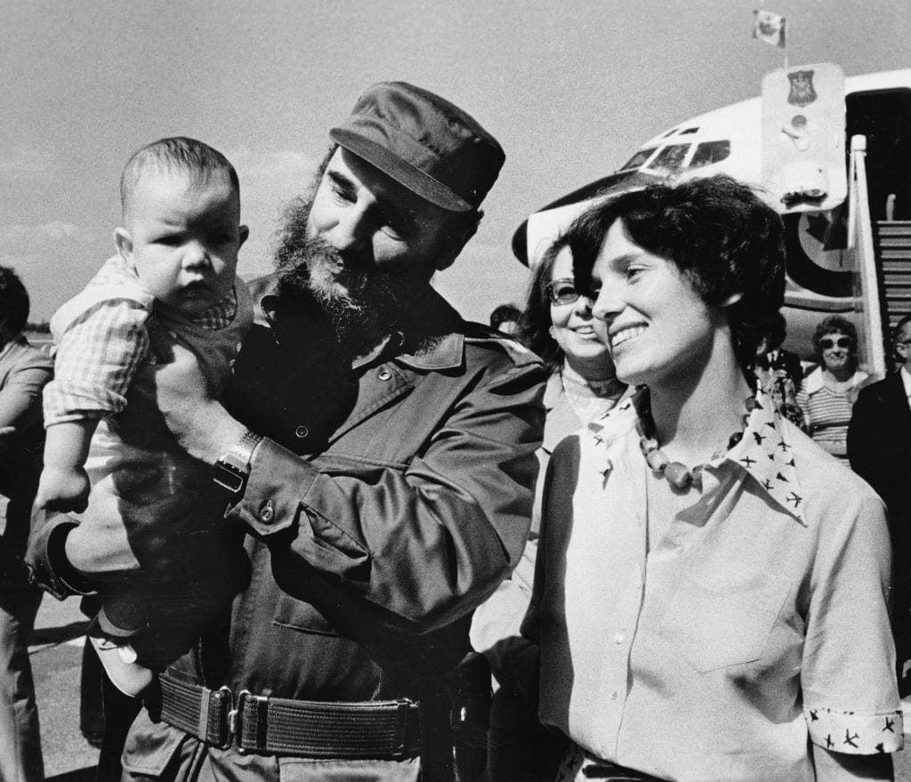 Margaret Trudeau smiles as Cuban President Fidel Castro holds her youngest son Michel after the Trudeaus arrived in Havana, Cuba, in 1976. Photo: AP