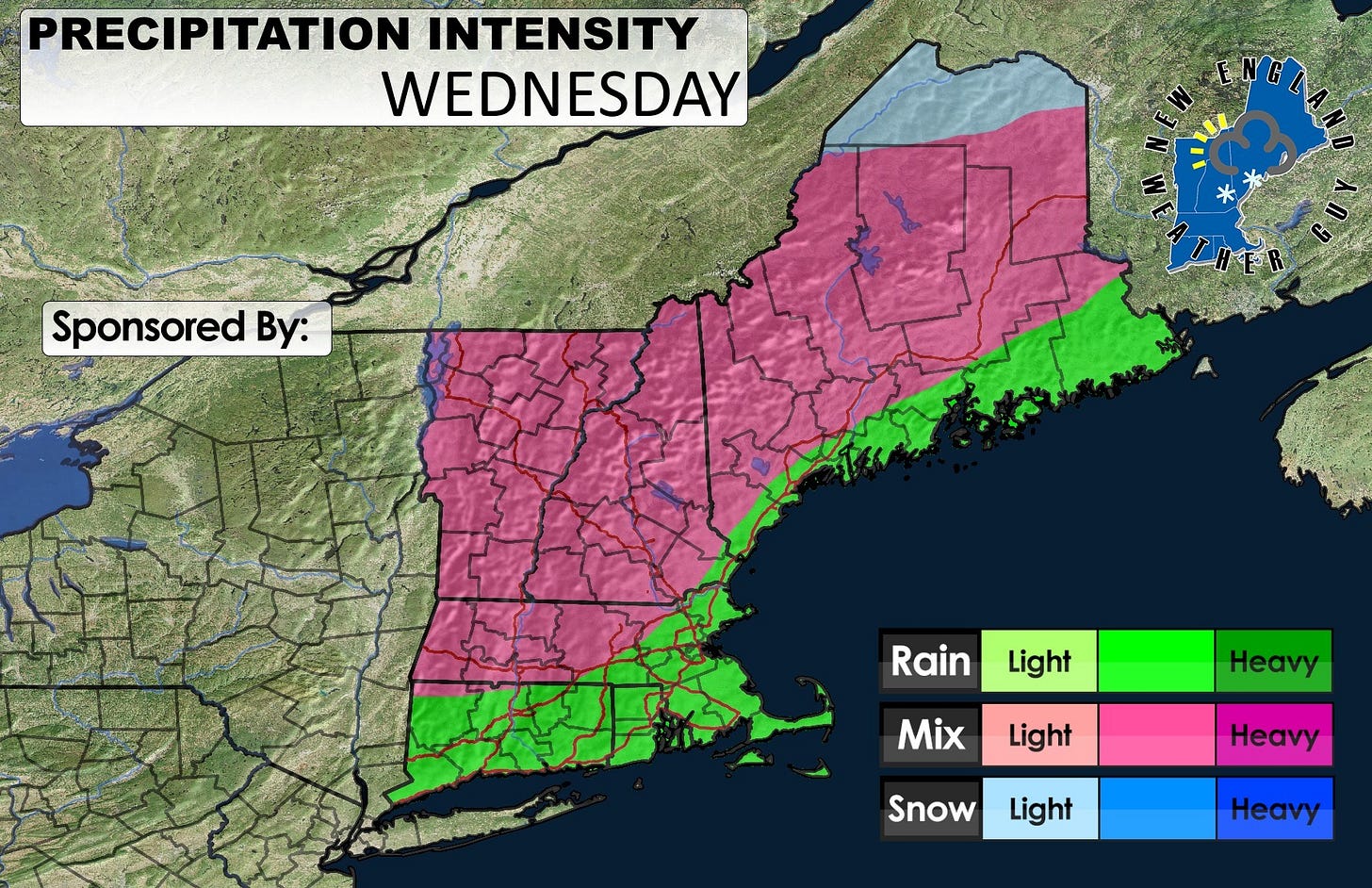 May be an image of map and text that says 'PRECIPITATION INTENSITY WEDNESDAY Sponsored By: Rain Light Heavy Mix Light Heavy Snow Light Heavy' May be an image of map and text that says 'PRECIPITATION INTENSITY WEDNESDAY Sponsored By: Rain Light Heavy Mix Light Heavy Snow Light Heavy'