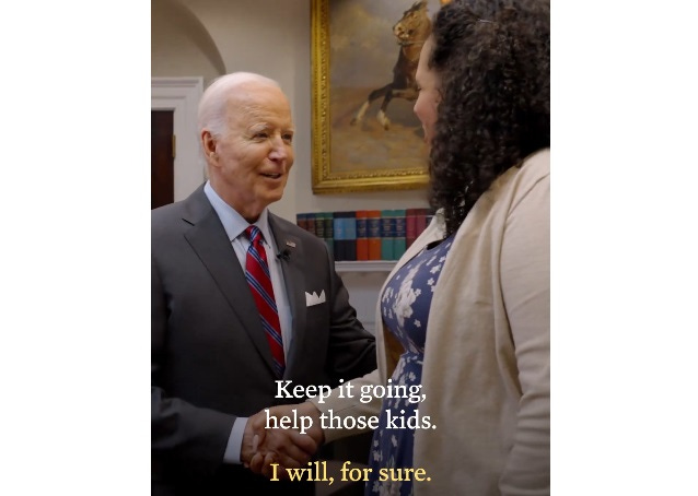 Screenshot, Joe Biden shakes hand of kindergarten teacher at White House. Subtitles: Biden, 'Keep it going. Help
