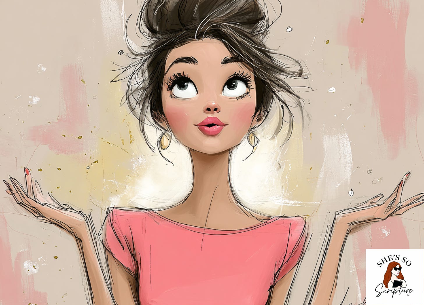 Whimsical watercolor illustration of a woman kneeling in a posture of surrender with soft golden light from above, on a blush pink and cream background.