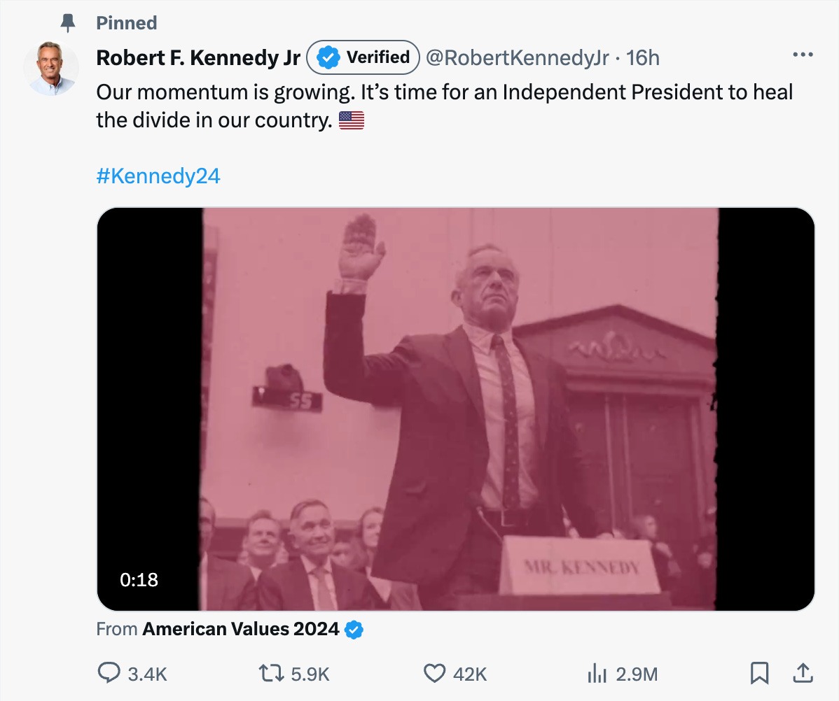 RFK Tweet Our momentum is growing. It’s time for an Independent President to heal the divide in our country. RFK Tweet Our momentum is growing. It’s time for an Independent President to heal the divide in our country.