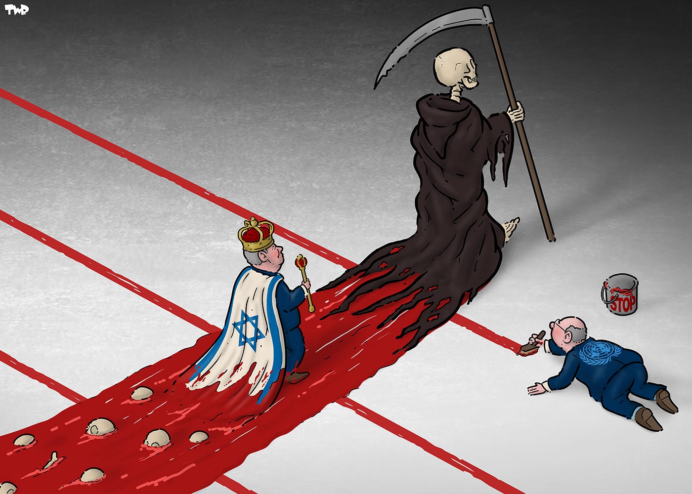 Cartoon showing Netanyahu dressed as a king with crown and sceptre, wearing the Israel flag as a mantle. He is walking on a red carpet, which is actually a stream of blood left behind by the Grim Reaper walking in front of him. The red, bloody, carpet crosses several red lines that have been painted by a UN official, who is busy painting yet another one.