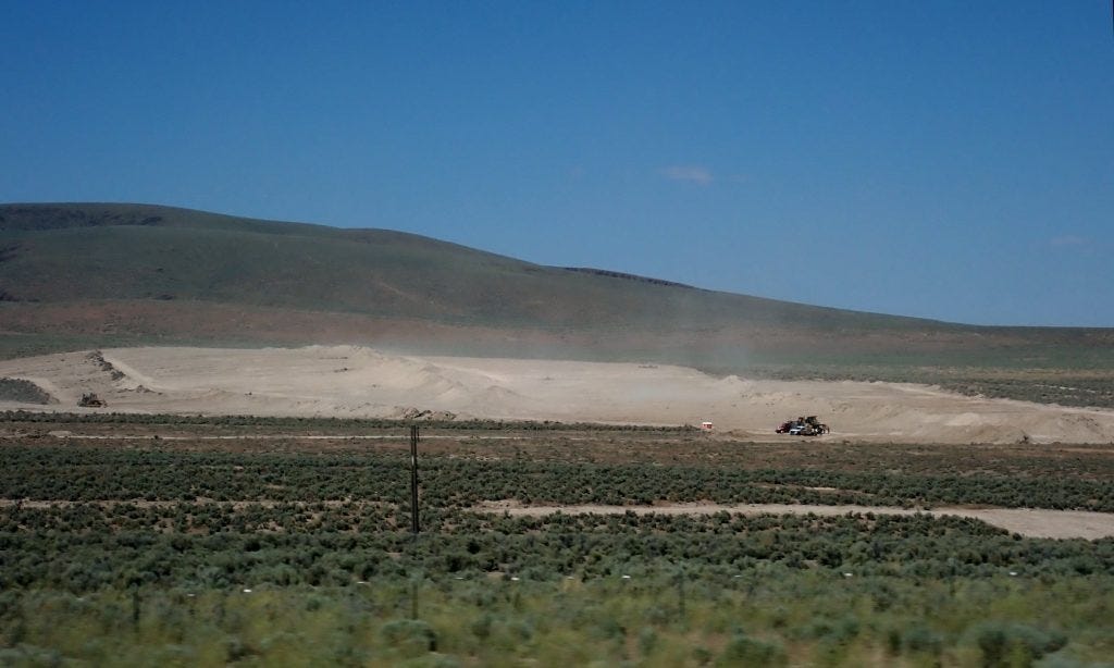 Land-clearing at Thacker Pass, in NV, for a lithium mine, wiping out all plant life & animal habit. The planned project is much much larger than this. Land-clearing at Thacker Pass, in NV, for a lithium mine, wiping out all plant life & animal habit. The planned project is much much larger than this.