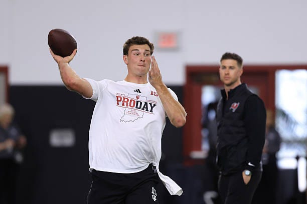 Fernando Mendoza of the Indiana Hoosiers throws a pass during the 2026 IU Pro Day at John Mellencamp Pavilion on April 01, 2026 in Bloomington,...