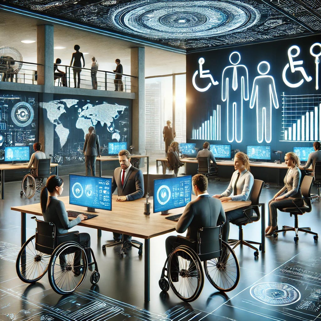 A futuristic office setting featuring an inclusive design, such as adjustable desks, accessible technology interfaces, and diverse employees collaborating harmoniously, emphasizing accessibility in the workplace.