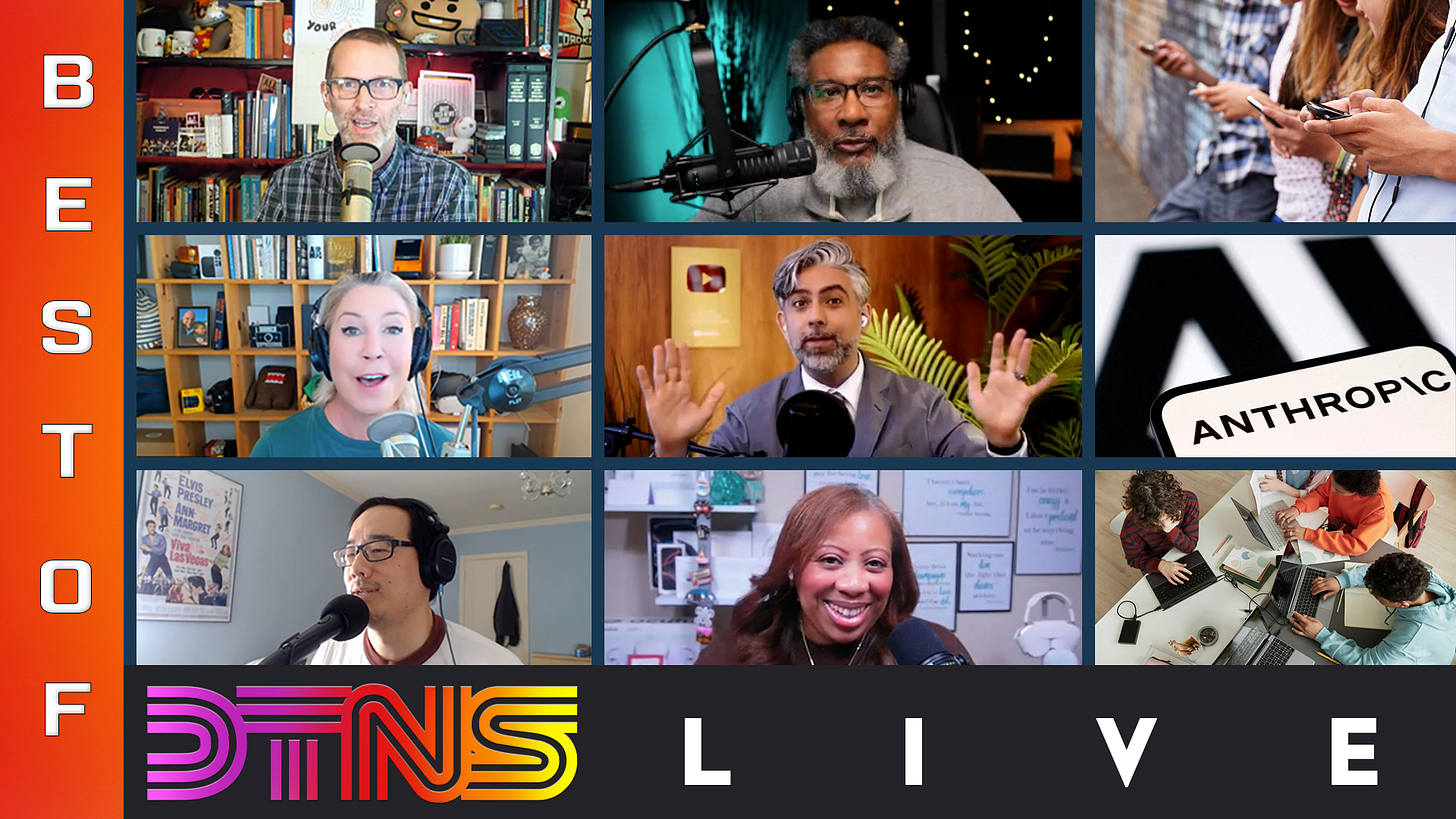 An image composed of a 3x3 grid of nine photographs, six of which are screenshots of some guests and hosts of DTNS Live who have appeared on the show in April 2026 - Top left: Tom Merritt, top center: Robb Dunewood, middle left: Sarah Lane, center middle: Justin Robert Young, bottom left: Roger Chang, center bottom: Nica Montford. Three other photographs on the right side are top right: several young people using their smartphones, “ANTHROPIC” in black text on white background on a cropped image of a mobile device with some black letters on a white background out of focus which in the background, a group of young people using their laptops. Vertically on the left is “BEST OF” in white text on an orange background. Across the bottom is the DTNS Live logo and the word LIVE in white text on a black background.