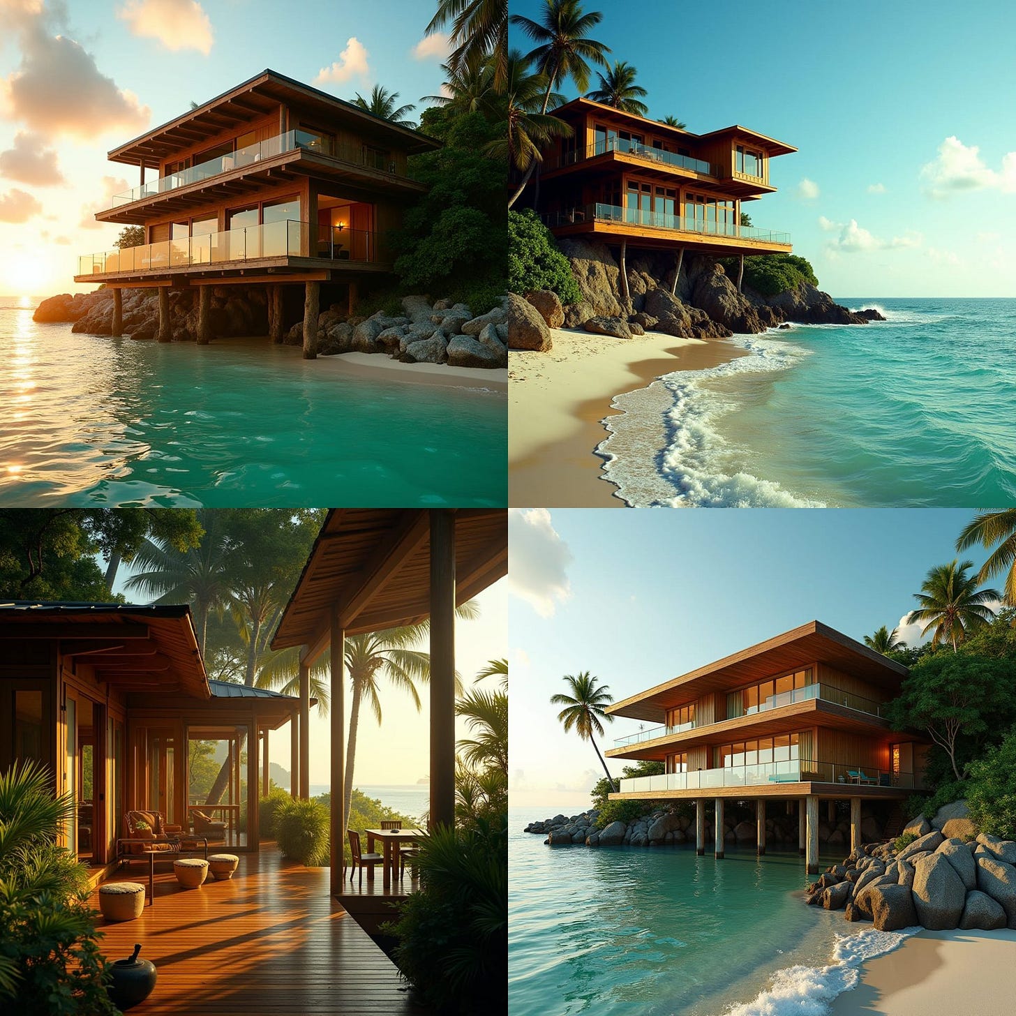 Vibrant, modern timber Jamaican home with expansive, floor-to-ceiling windows, perched on multiple platforms, and protruding stilts, majestically set on the pristine 7 Mile Beach in Negril Town, Jamaica, with lush tropical foliage and crystal-clear turquoise waters as the breathtaking backdrop.