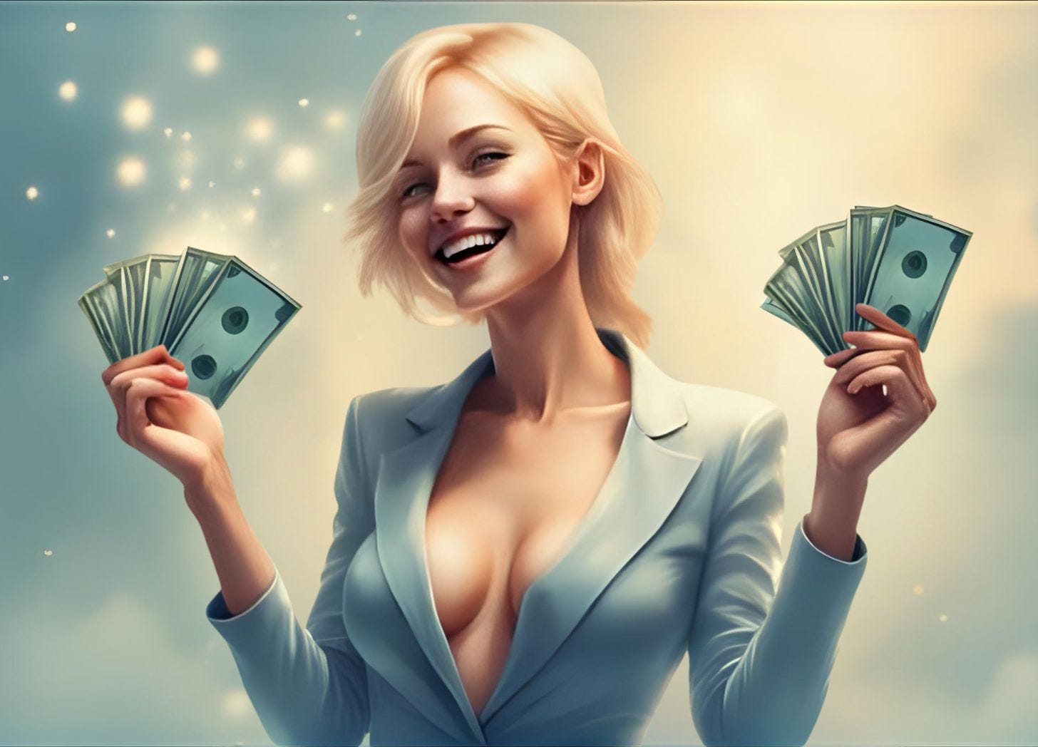 A beautiful adult woman with blonde hair and blue eyes wears a pantsuit while she holds money in each hand. A beautiful adult woman with blonde hair and blue eyes wears a pantsuit while she holds money in each hand.