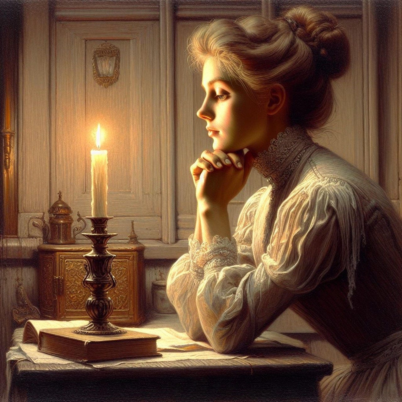 A woman sitting at a table, looking at a candle, hair in a bun, hands clasped under her chin, deep in thought A woman sitting at a table, looking at a candle, hair in a bun, hands clasped under her chin, deep in thought