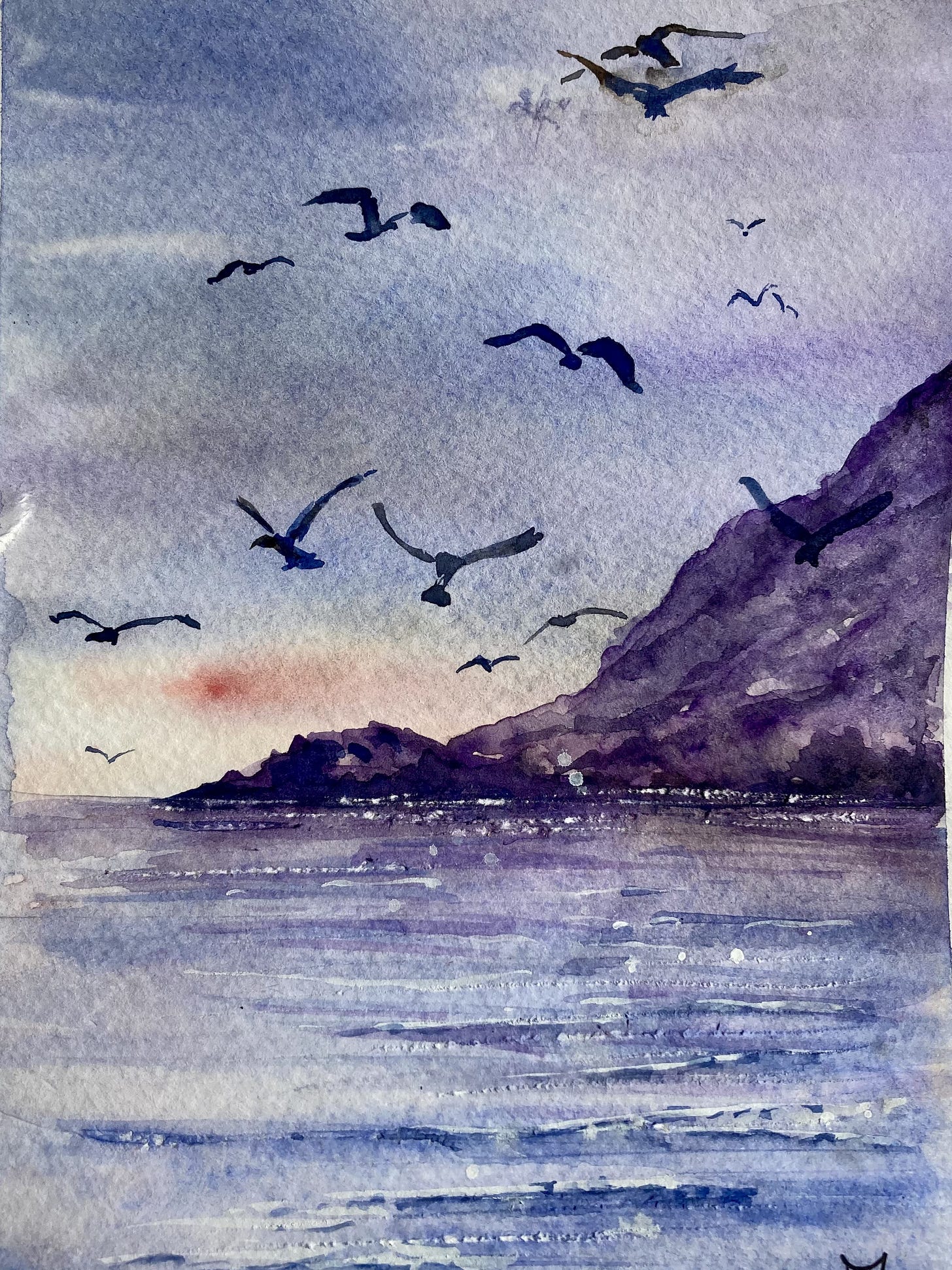 Peaceful sea, gulls flying over, mountains behind... Peaceful sea, gulls flying over, mountains behind...