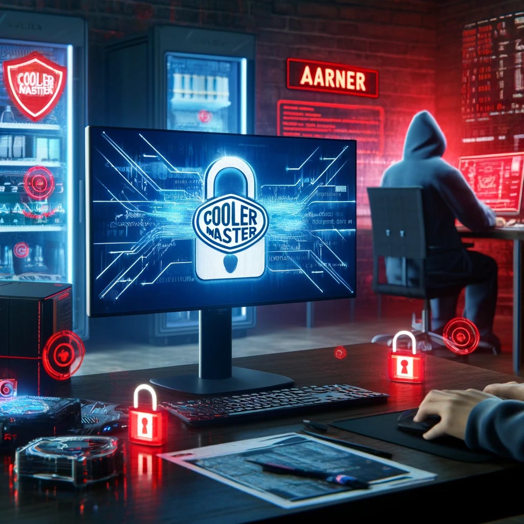 A realistic 3D scene illustrating Cooler Master being hit by a data breach. The focus is on a computer with the Cooler Master logo on the screen, surrounded by red alert symbols and warning messages indicating the breach. Nearby, a hacker is seen accessing the data, with lines of code and digital elements like locks and binary code representing the compromised information. The background features a modern office setting with Cooler Master products, and the overall atmosphere is tense and urgent, highlighted by red and blue tones.