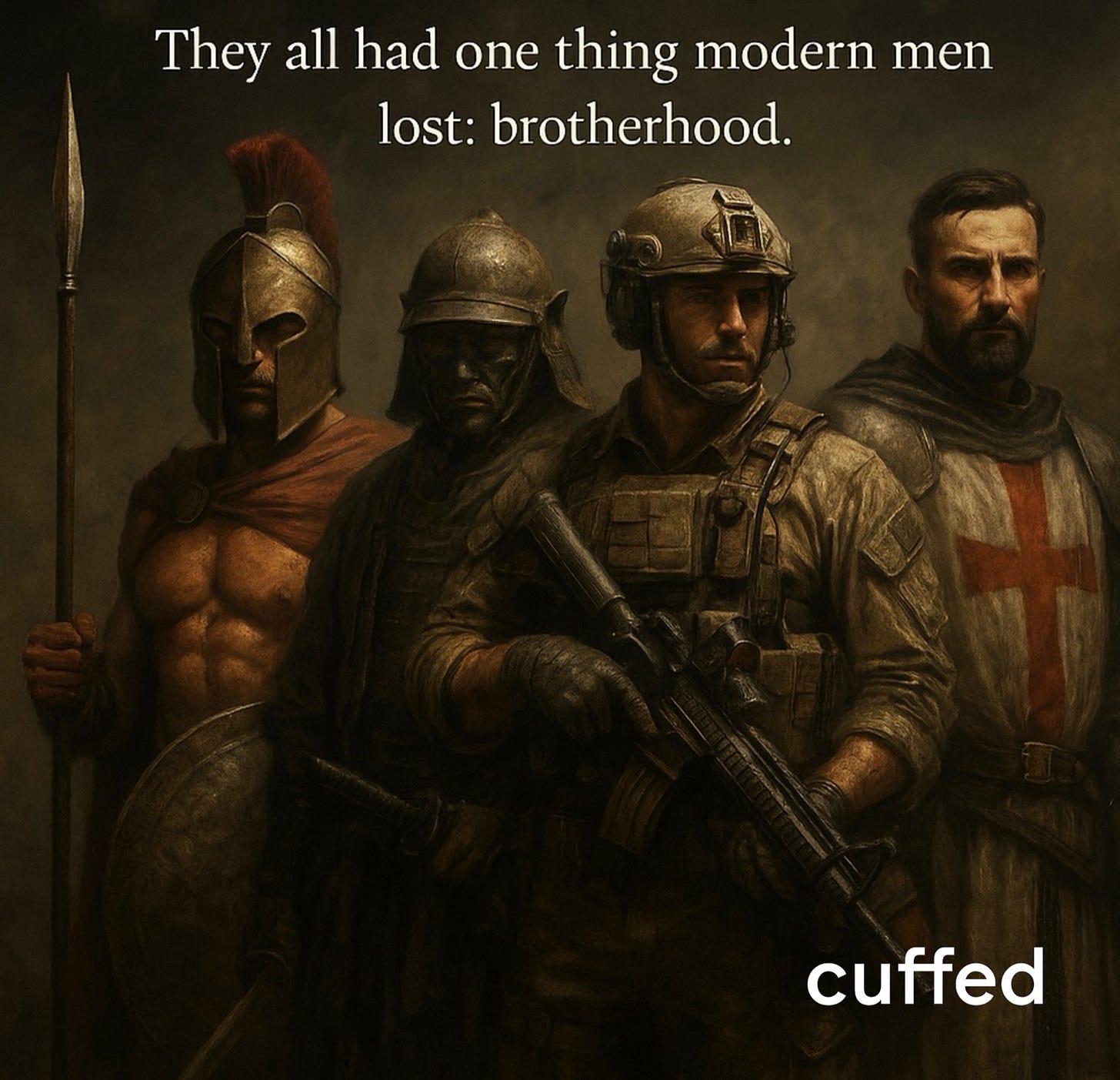 Four warriors from different eras—Spartan, medieval knight, modern soldier, and crusader—stand side by side in solidarity. Their faces are serious, unified by a common bond. Text above reads: “They all had one thing modern men lost: brotherhood.” Visual for cuffed musing no. 17.