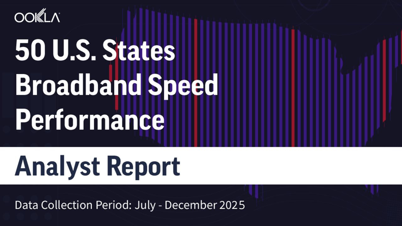 Ookla-branded title slide for an analyst report, featuring a stylized U.S. map made of vertical bars in purple and red tones. Large text reads “50 U.S. States Broadband Speed Performance,” with a subtitle “Analyst Report,” and a data collection period noted as July–December 2025. Ookla-branded title slide for an analyst report, featuring a stylized U.S. map made of vertical bars in purple and red tones. Large text reads “50 U.S. States Broadband Speed Performance,” with a subtitle “Analyst Report,” and a data collection period noted as July–December 2025.