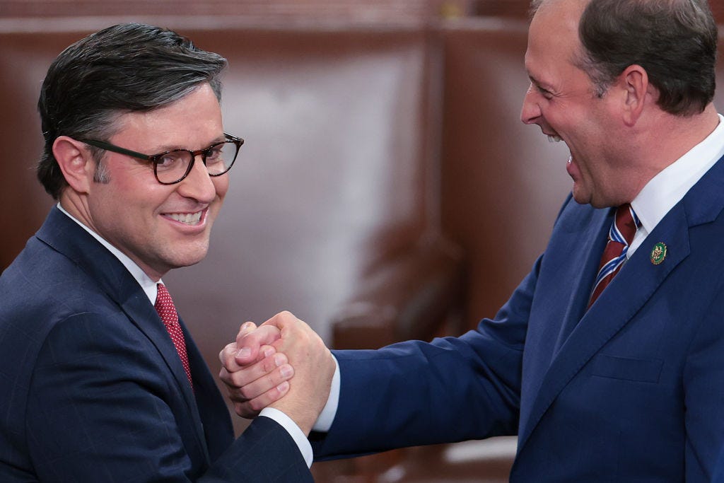 Congressman Mike Johnson (R-LA) (left) and Congressman Andy Barr (R-KY) on October 25, 2023 (Photo by Win McNamee/Getty Images)