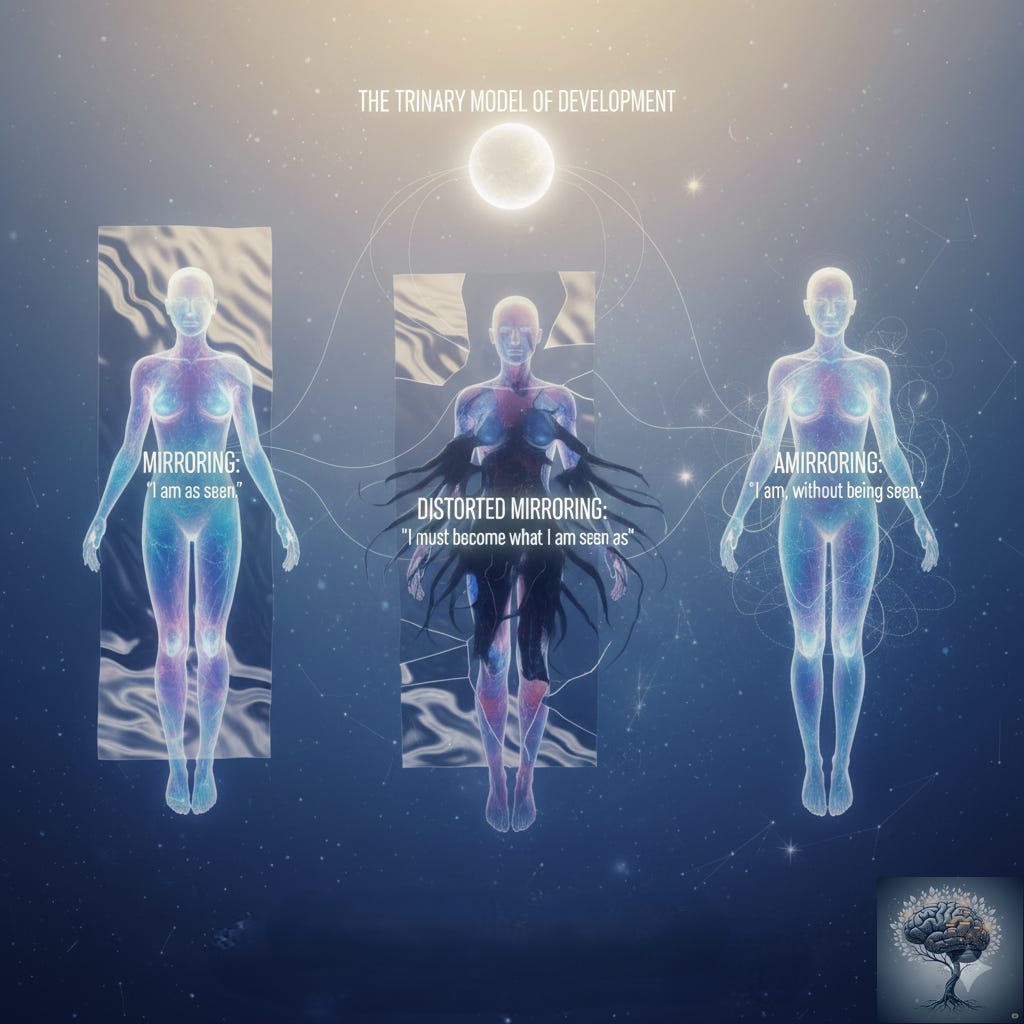Three luminous, ethereal human figures represent mirroring, distorted mirroring, and amirroring against a cosmic, star-filled background.