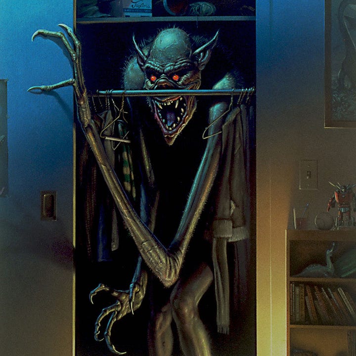 LEFT: Detail from BOOGEYMAN featuring a tall, slender creature emerging from the closet of a child's bedroom. A low bookcase cuts off at the right edge of the panel. A transformer stands on top with a framed picture of the Loch Ness monster hanging just above. The wall is lit by a nightlight from off-panel below. RIGHT: Close detail from BOOGEYMAN featuring the wicked grin and glowing red eyes of the creature seen behind the closet rod with clothes and hangers pushed aside. Sports equipment, a hockey stick, football, and shoebox lined the shelf above. Farther back a box is decorated with the artist's sigil, the stylized letters M and W combined within a circle, along with a copyright symbol, and the date "86".