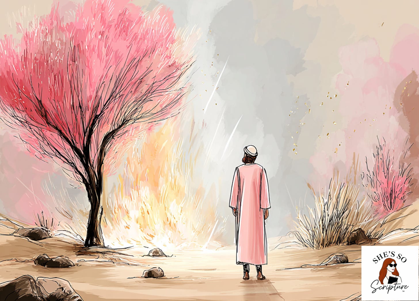 Illustration of a radiant figure appearing in a desert landscape, symbolizing the Angel of the Lord in the Hebrew Scriptures.