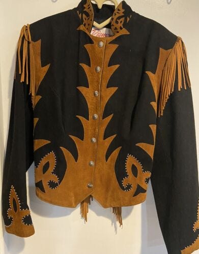 Vtg Diamond Denim & Leather Western Fringe Studded Suede Snap Button Jacket 6 - Picture 1 of 11