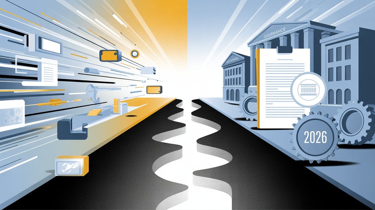 Split-screen illustration: left side shows sleek fast-moving AI/tech infrastructure with flowing data streams and rapid deployment symbols; right side shows slow-moving traditional governance infrastructure like old regulatory buildings, formal document stamps, slow-turning gears. A widening gap of gray empty space between them with a 2026 calendar marker.