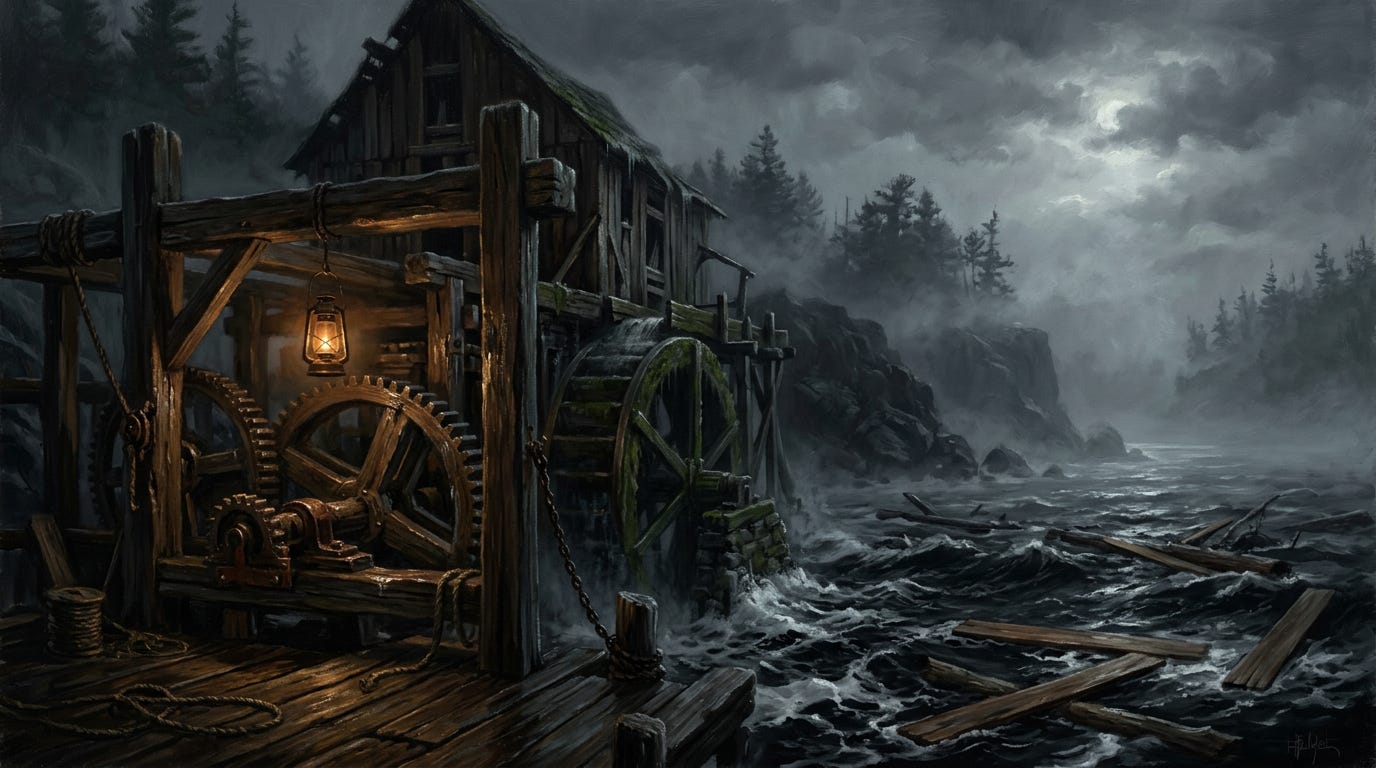 A dark, misty 18th-century tide mill at night, lit by a dim brass lantern showing massive wooden gears, a water wheel, and a river clogged with floating sawed timber under a pale moon. A dark, misty 18th-century tide mill at night, lit by a dim brass lantern showing massive wooden gears, a water wheel, and a river clogged with floating sawed timber under a pale moon.