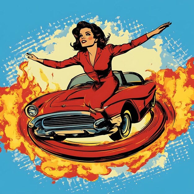 Vintage Comic Style Illustration of a Woman Driving a Red Car With Flames |  Premium AI-generated image