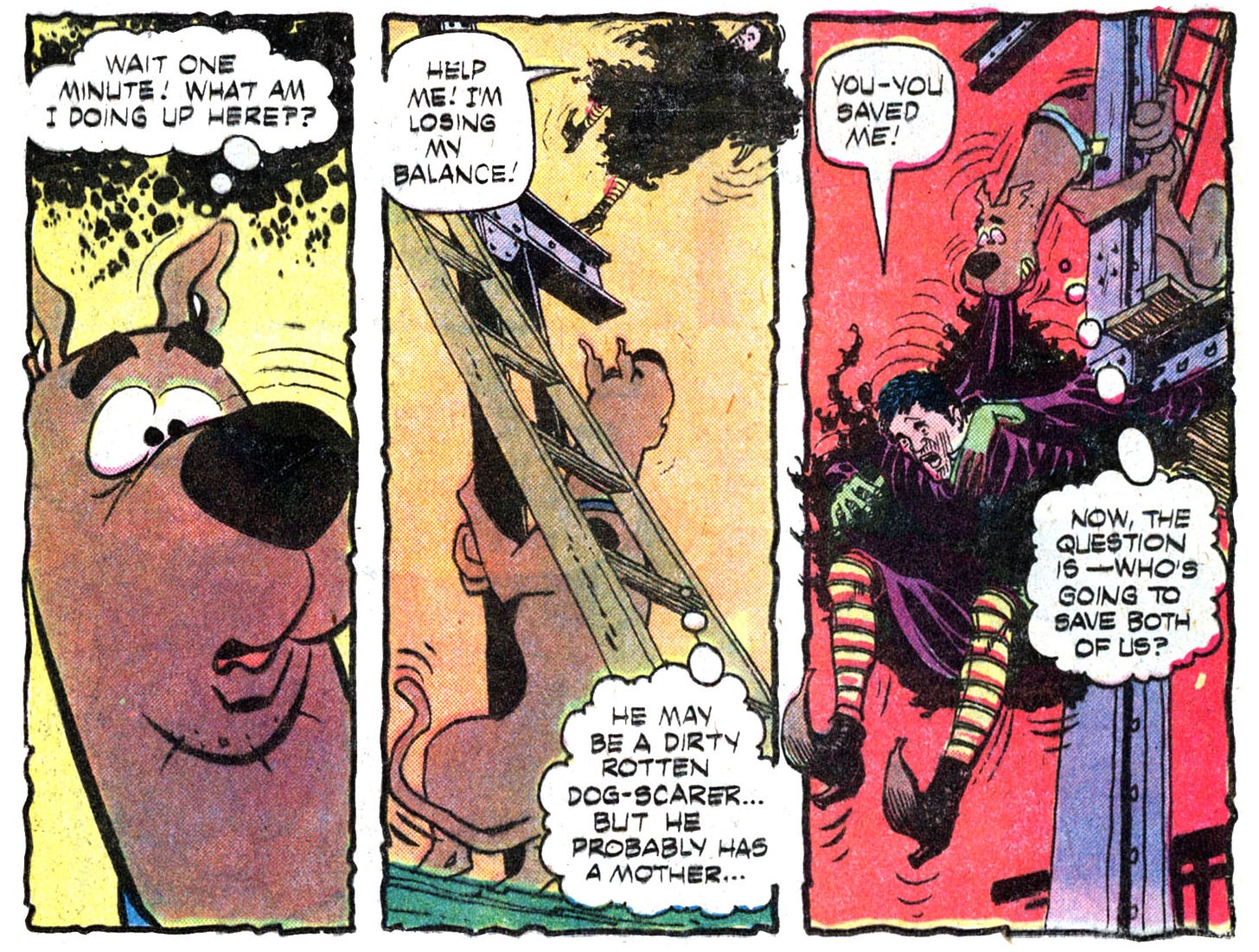 CAPTION - Three panels from this issue showing Scooby-Doo’s thought balloons while he tries to save the bad guy
