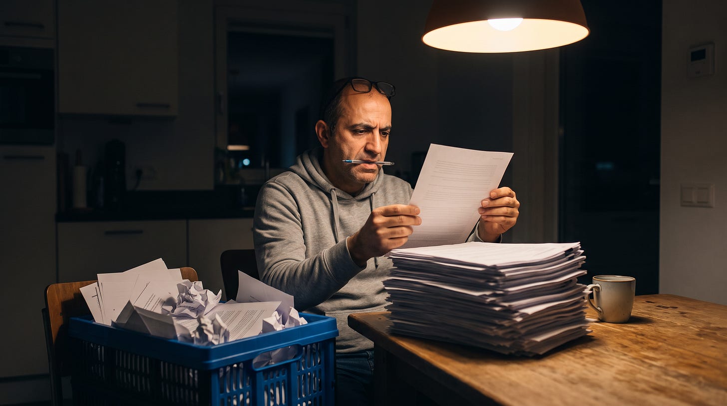 Een vrijwillige ontwikkelaar zoekt 's avonds aan de keukentafel in een stapel meldingen naar de ene die klopt Een vrijwillige ontwikkelaar zoekt 's avonds aan de keukentafel in een stapel meldingen naar de ene die klopt