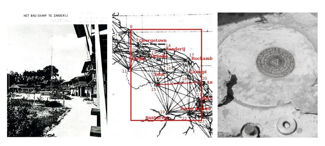 A black and white triptych showing three panels: left, a photo of the Zanderij base camp with buildings and trees; center, a map showing the triangular HIRAN geodetic survey network across South America; right, a close-up photo of a circular brass U.S. Coast & Geodetic Survey marker embedded in concrete.