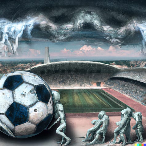"Futuristic football (soccer) stadium, crowded, various styles"