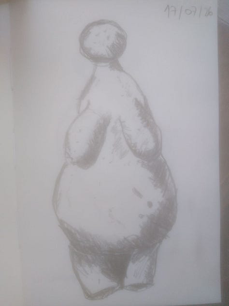 Pencil sketches of various figurines (Venus, animals), patterns, and animal teeth from Archeopark Pavlov