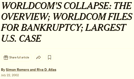 Screenshot of a New York Times headline announcing WorldCom’s 2002 bankruptcy, used to illustrate the collapse of leveraged telecom companies during the fiber-optic bubble and draw parallels to today’s AI bubble concerns.