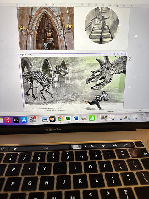 Sketches, ink paintings and digital mock-ups of a picture book in development