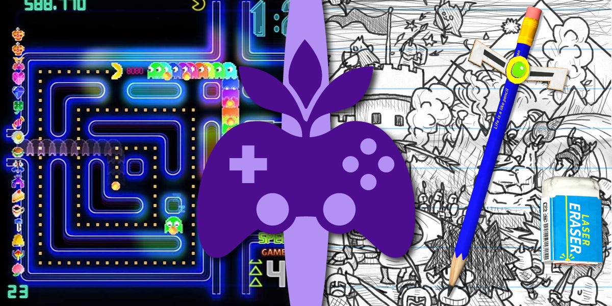Arte da newsletter. Ao centro, o logo, um controle de videogame roxo com um broto de planta roxo nascendo do topo. A esquerda, um fundo branco com um labirinto neon. Pac-Man come bolinhas enquanto é perseguido por uma fila de fantasmas arco-íris. A direita, um desenho a lápis de um castelo sendo atacado, com um lápis azul e uma borracha em cima.