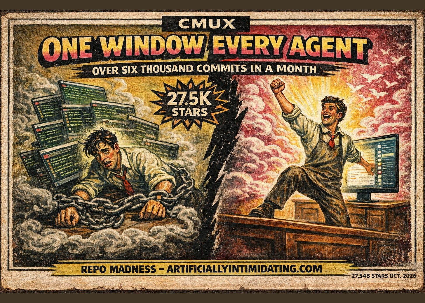 Two-panel retro poster. Left: a frazzled developer chained under a heap of overlapping terminal windows. Right: the same man cheering beside one screen with a lit sidebar. Lettering reads CMUX, One Window Every Agent, 27.5K stars.