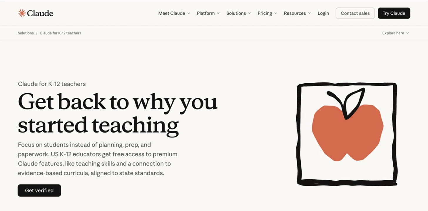 An image of the Claude for K-12 teachers homepage. It says "Get back to why you started teaching. Focus on students instead of planning, prep, and paperwork."