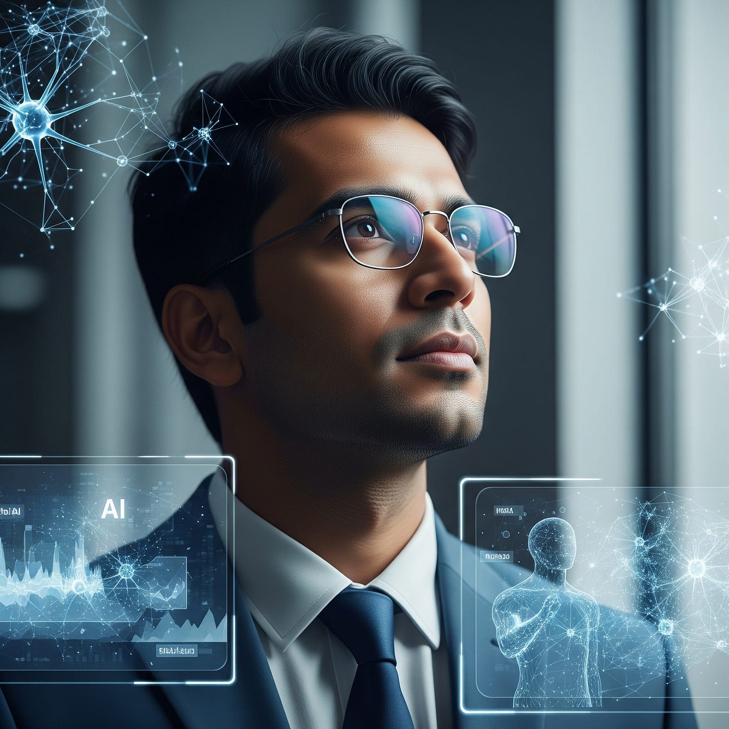 A professional, insightful strategic leader, a middle-aged Asian man with a neatly trimmed beard and salt-and-pepper hair, thoughtfully looks towards the future. He is dressed in a tailored dark blue suit. In the soft-lit, blurred background, there are subtle hints of technology: a futuristic holographic interface and robotic arms working seamlessly.