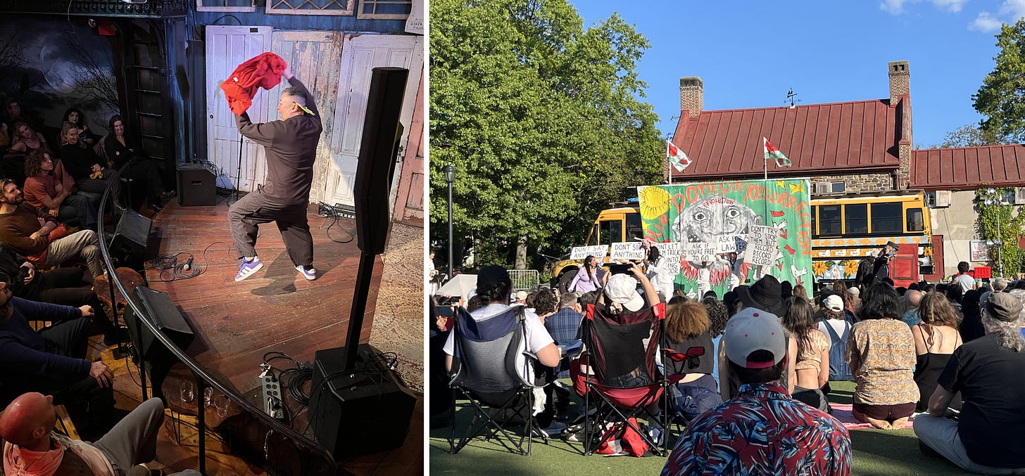 Side by side photos. On the left, Kenny Yun performs for a crowd at The Idiot's Hour in Manhattan. On the right, an audience watching a Bread & Puppet Theatre performance in Brooklyn.