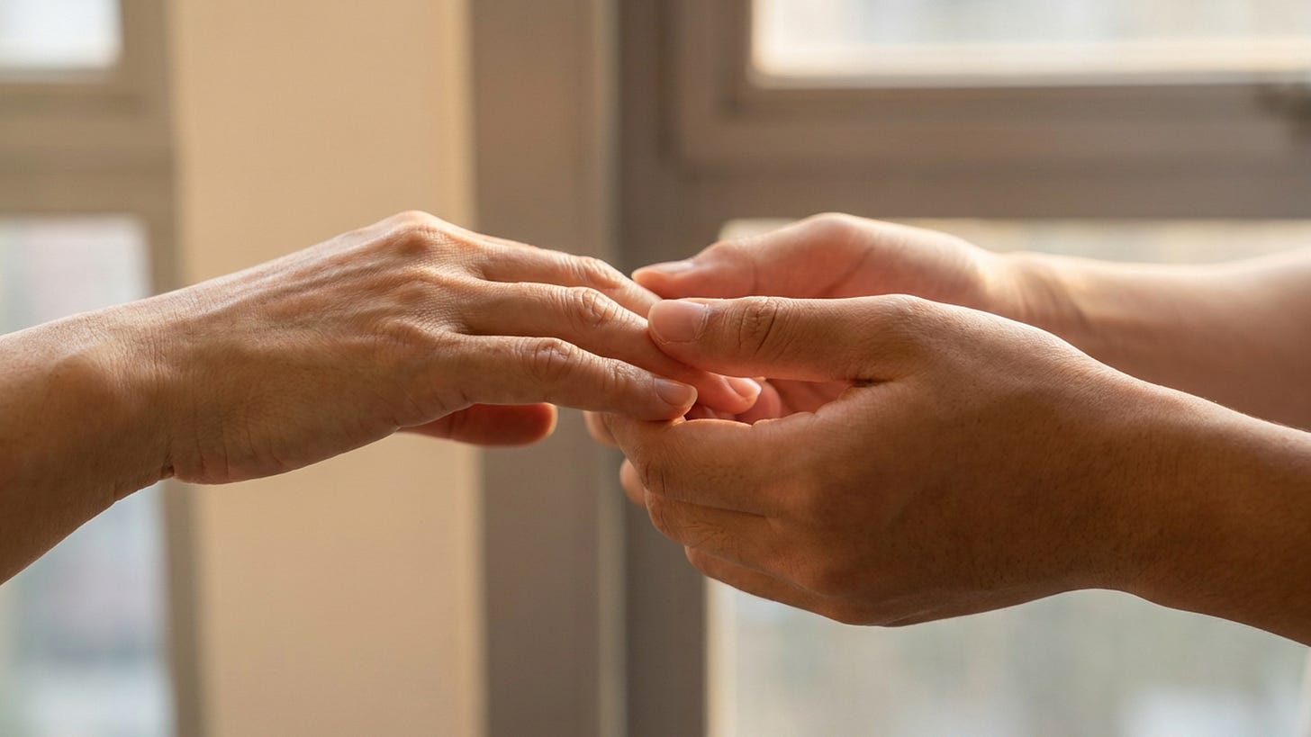 A close-up of a mother's hands gently releasing a child's hands. The mother's hands are slender and youthful, in her 30s, with short natural nails. Both have East Asian or mixed white-Asian features with warm skin tones. The child's hands are younger, pulling slightly away—not in rejection but in readiness. The hands are just beginning to separate, fingers still barely touching. Soft natural light through a window, muted cream and gray tones. The image captures the threshold moment: she built the architecture, and now she has to trust it will hold. The mood is bittersweet, grounded, not sentimental. This is what stewardship looks like when it works—you let go. A close-up of a mother's hands gently releasing a child's hands. The mother's hands are slender and youthful, in her 30s, with short natural nails. Both have East Asian or mixed white-Asian features with warm skin tones. The child's hands are younger, pulling slightly away—not in rejection but in readiness. The hands are just beginning to separate, fingers still barely touching. Soft natural light through a window, muted cream and gray tones. The image captures the threshold moment: she built the architecture, and now she has to trust it will hold. The mood is bittersweet, grounded, not sentimental. This is what stewardship looks like when it works—you let go.