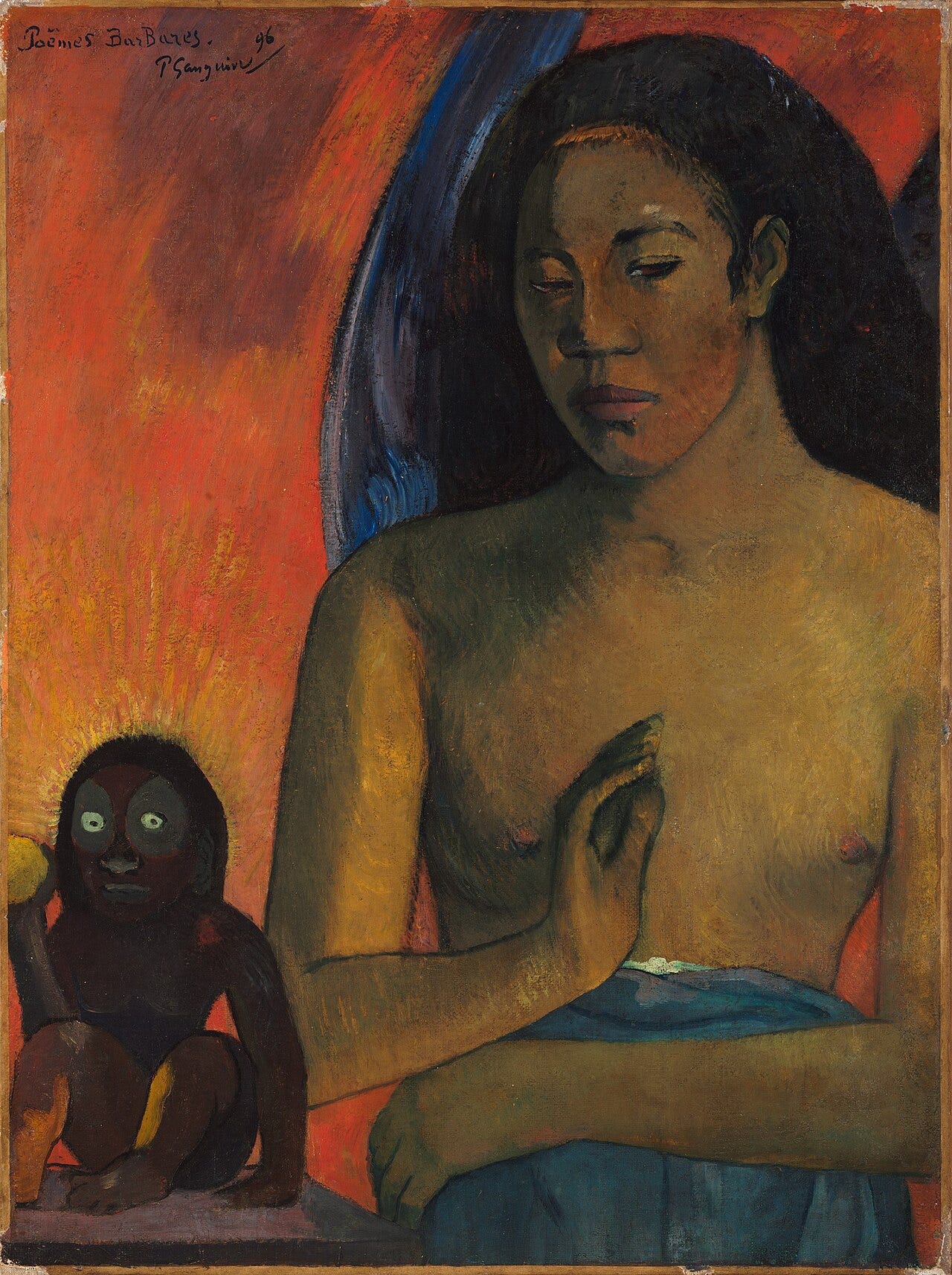 A woman with blue wings and a blue cloth at her waist raises her right hand, a small childlike idol at the lower left A woman with blue wings and a blue cloth at her waist raises her right hand, a small childlike idol at the lower left