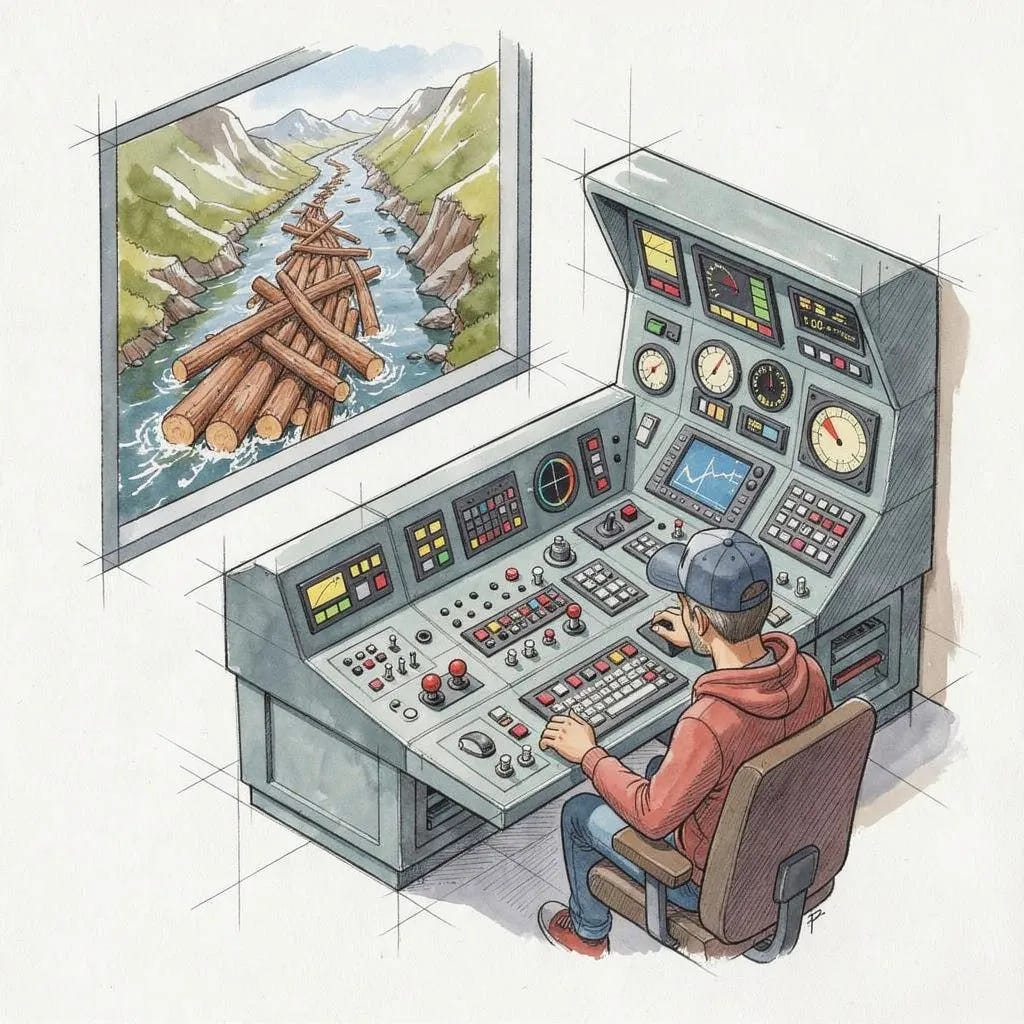 Worried SRE in gray-blue NASA baseball cap and rust-brown hoodie seated at enormous control console with hundreds of buttons, switches, and gauges, monitoring dashboards with intense focus, with scenic river landscape and log blockage visible through control room window, hand-drawn watercolor with isometric 3D perspective