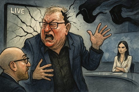 Kjo galeri shpalos në tre goditje të njëpasnjëshme anatomine e arratisjes së Hisen Berishës nga e vërteta, duke e kthyer momentin live në MCN TV në një teatër vizual ku paniku merr formë fizike; në pamjen e parë ai shtyp ekranin si të ishte fajtor i argumenteve të veta të thyera, në të dytën koka i çahet dhe nxjerr hijen e frikës së vjetër politike që i endej pas shpine, ndërsa në të tretën del prej ekranit sepse nuk gjente dot dalje nga debati, duke e bërë qartë se kur faktet nuk i përballon dot, bëhesh karikaturë e vetvetes; të tria së bashku qeshin, thërrmojnë dhe shpjegojnë pa mëshirë mekanizmin e një politike që shpërthen sapo të përballet me të vërtetën.