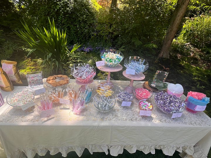 photos of candies and sweets at a wedding