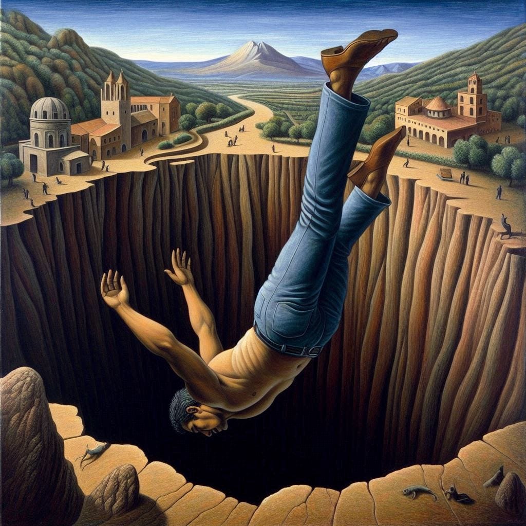 a man falling in a bottomless pit in the style of henri rousseau