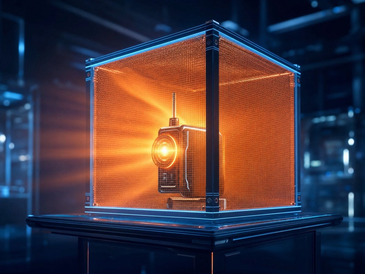 A glowing transmitter standing inside a fine copper mesh enclosure