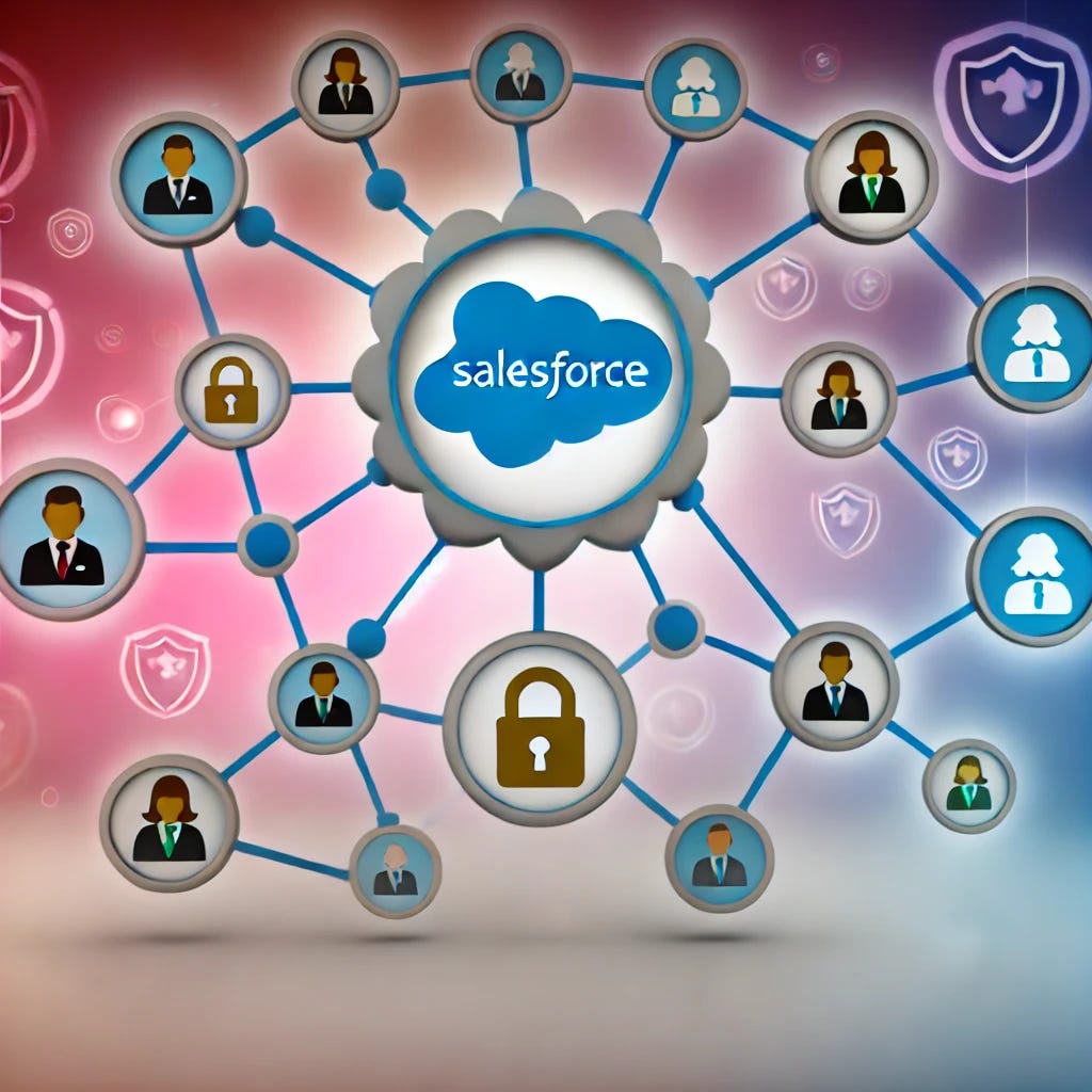 A visual representation of sharing and security in Salesforce. The image shows a central cloud icon with a Salesforce logo, surrounded by interconnected nodes representing users, roles, and teams. Some of the connections have padlock icons to symbolize security, while others show open links representing sharing. A hierarchy of users is represented, with individuals at various levels, and some records or documents being shared across. Different layers of security, such as shields and key symbols, are blended into the background, symbolizing protection at various levels.