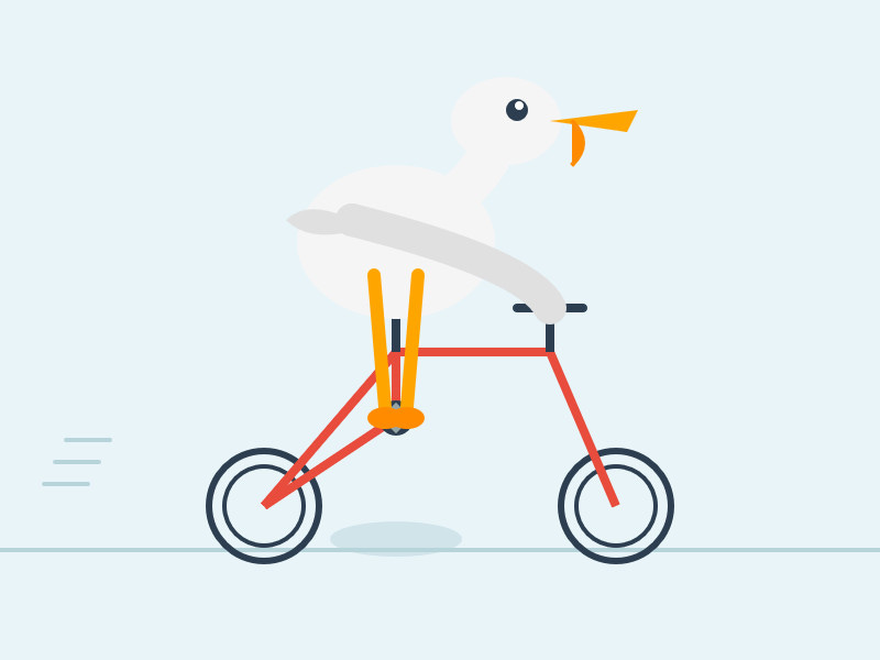 Description by Claude Sonnet 4: This is a whimsical illustration of a white duck or goose riding a red bicycle. The bird has an orange beak and is positioned on the bike seat, with its orange webbed feet gripping what appears to be chopsticks or utensils near the handlebars. The bicycle has a simple red frame with two wheels, and there are motion lines behind it suggesting movement. The background is a soft blue-gray color, giving the image a clean, minimalist cartoon style. The overall design has a playful, humorous quality to it.