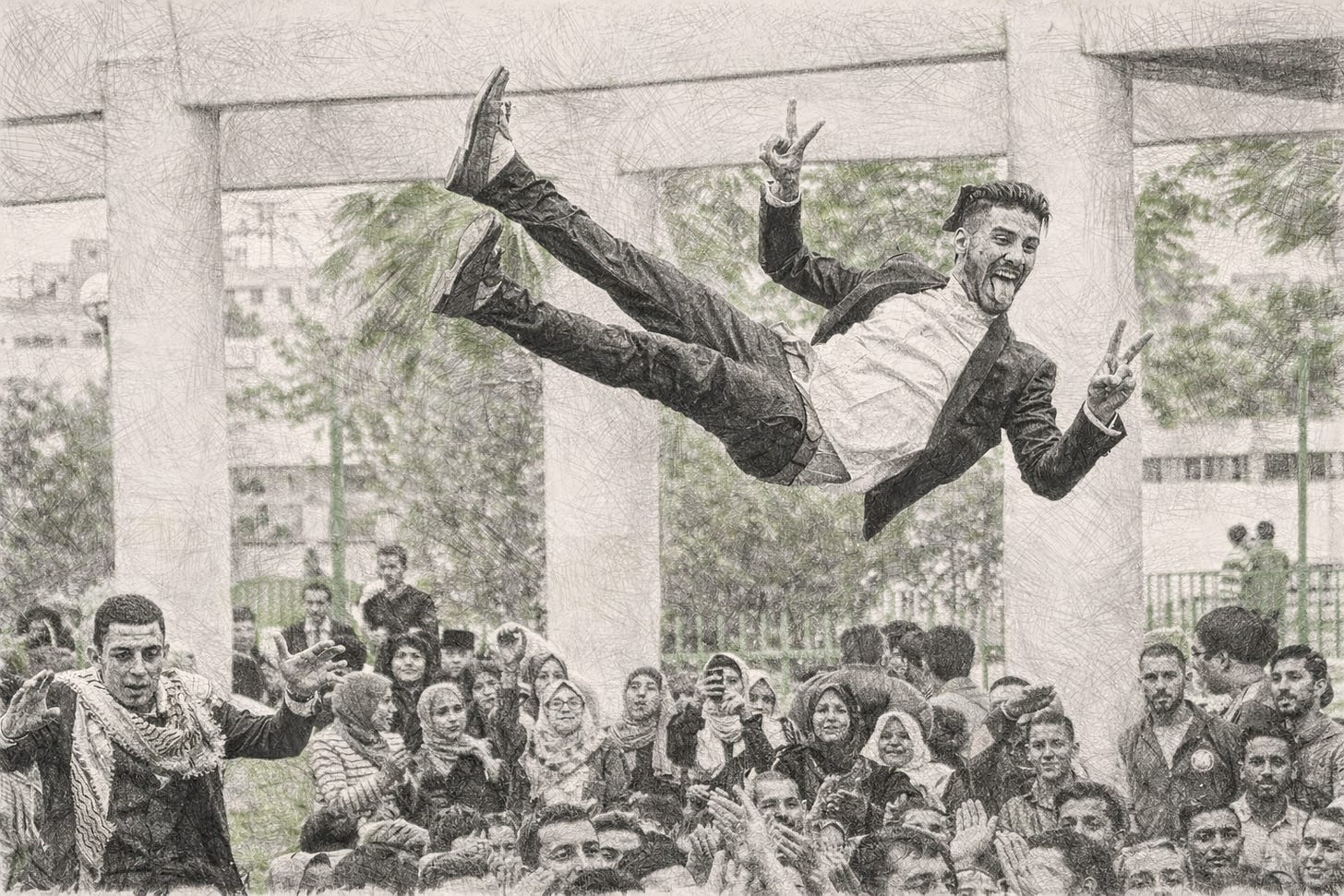 Pencil-style sketch of a joyful crowd scene where a man in a suit is tossed high into the air above a group of people celebrating below; the entire image is rendered in grayscale pencil shading while trees and greenery in the background are softly highlighted in sage green.