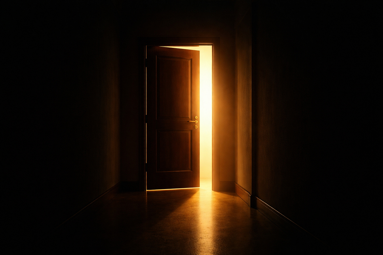 A wooden door slightly ajar in a dark hallway with warm golden light coming through, symbolizing opportunity, hope, growth, and overcoming challenges.