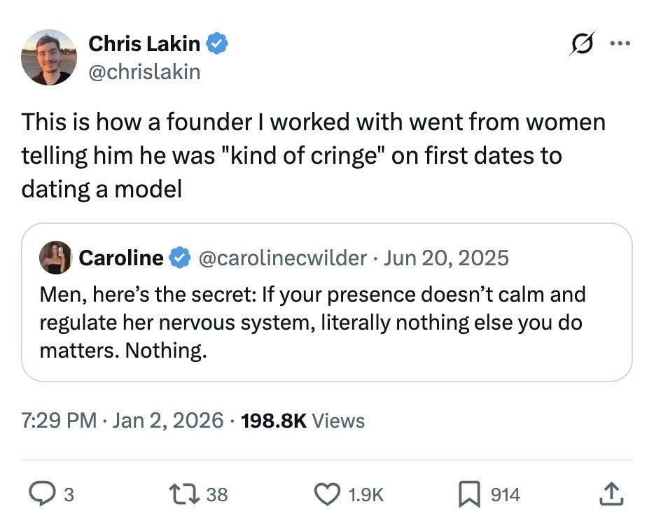 Chris Lakin @chrislakin
This is how a founder I worked with went from women telling him he was "kind of cringe" on first dates to dating a model

Quote
Caroline @carolinecwilder
Men, here’s the secret: If your presence doesn’t calm and regulate her nervous system, literally nothing else you do matters. Nothing.

Jan 2, 2026 · 199.8K Views 1.9K likes